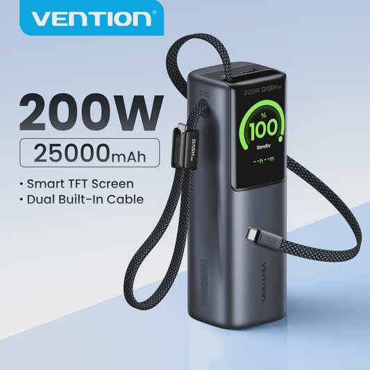 Vention 200W 25000mAh Powerbank: Draagbare Externe Batterij met Ingebouwde Kabels & PD Fast Charge