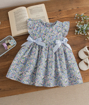 Zomerse Blauwe Bloemen Jurk voor Baby Meisjes - Koreaanse Stijl met Strikjes