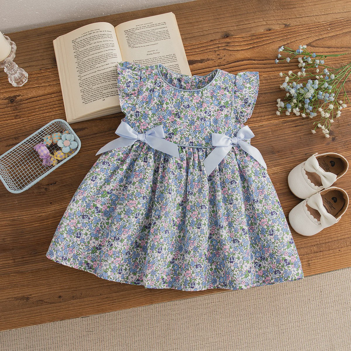 Zomerse Blauwe Bloemen Jurk voor Baby Meisjes - Koreaanse Stijl met Strikjes