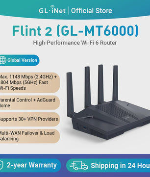 GL.iNet Flint 2 (GL-MT6000) Router: Krachtige Wi-Fi 6 AX6000 met 2.5G Ethernet en Gevorderde Beveiliging