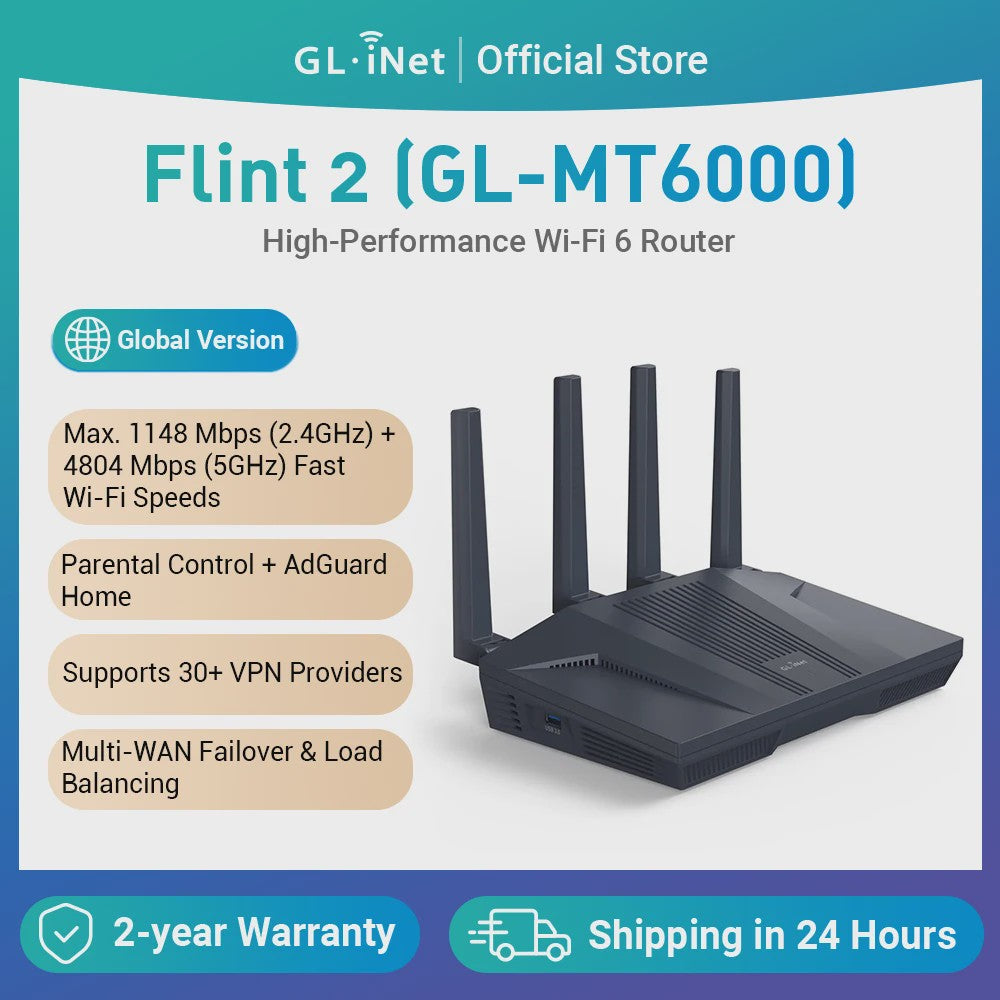GL.iNet Flint 2 (GL-MT6000) Router: Krachtige Wi-Fi 6 AX6000 met 2.5G Ethernet en Gevorderde Beveiliging