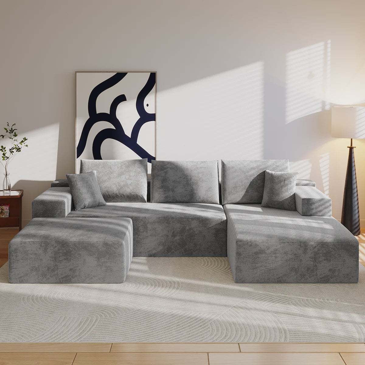 Moderne U-vormige Corduroy Bank met Memory Foam - Modulair en Comfortabel