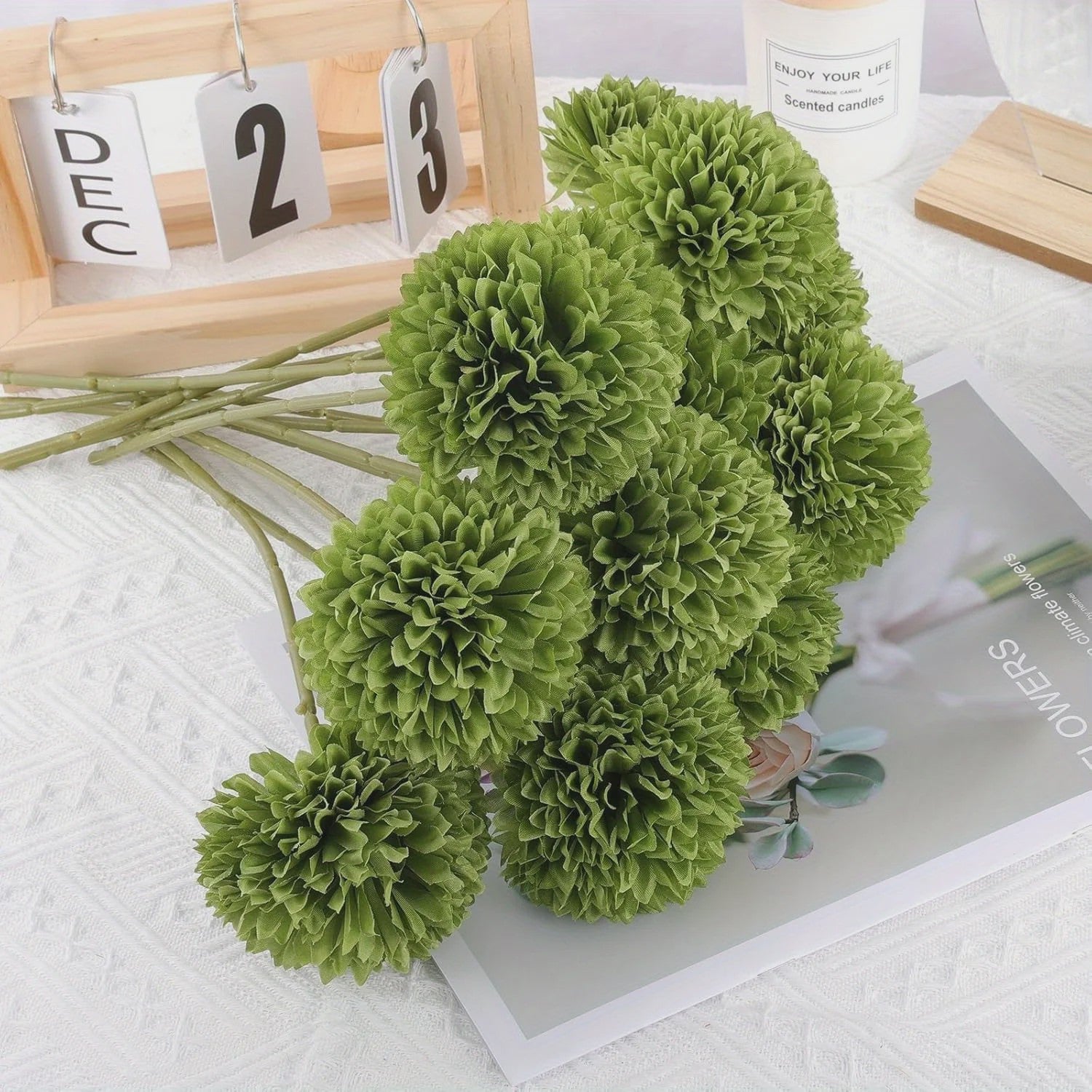 12x Kunst Bolchrysanten Groen - Decoratieve Kunstbloemen voor Huis & Feest