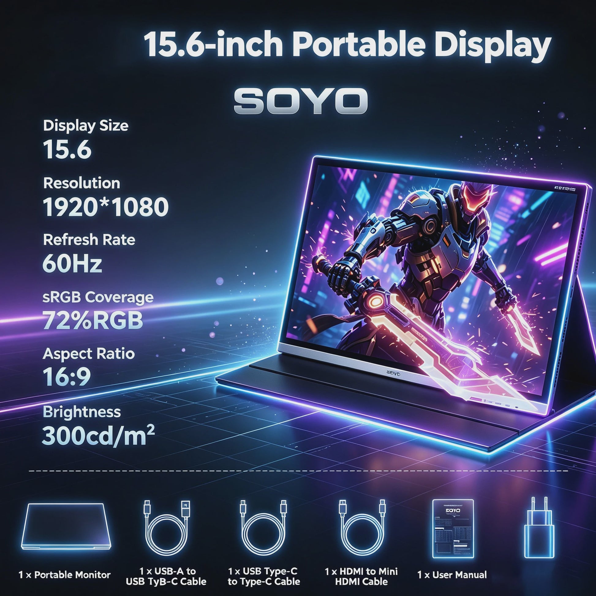 SOYO 15.6 Inch Full HD Draagbare Monitor - 1080P, 60Hz, 72% sRGB, 300cd/m²
