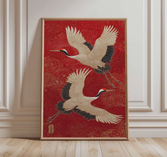 Japanse Kraanvogel Wanddecoratie - Rode en Gouden Oosterse Vogelprint
