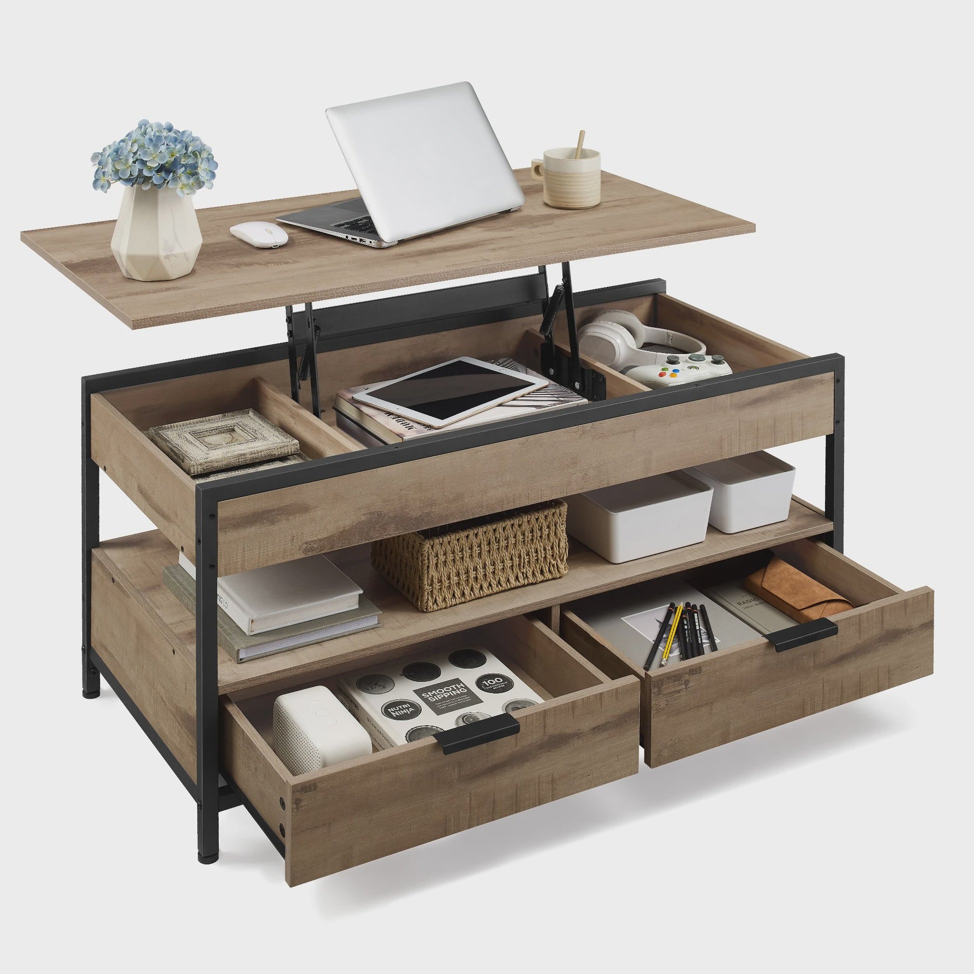 Verstelbare Salontafel met Lade en Open Vak - 100x50cm