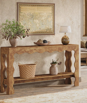 Lange Houten Console Tafel 160cm met Scalloped Rand en Opbergplank - Rustiek Modern Design