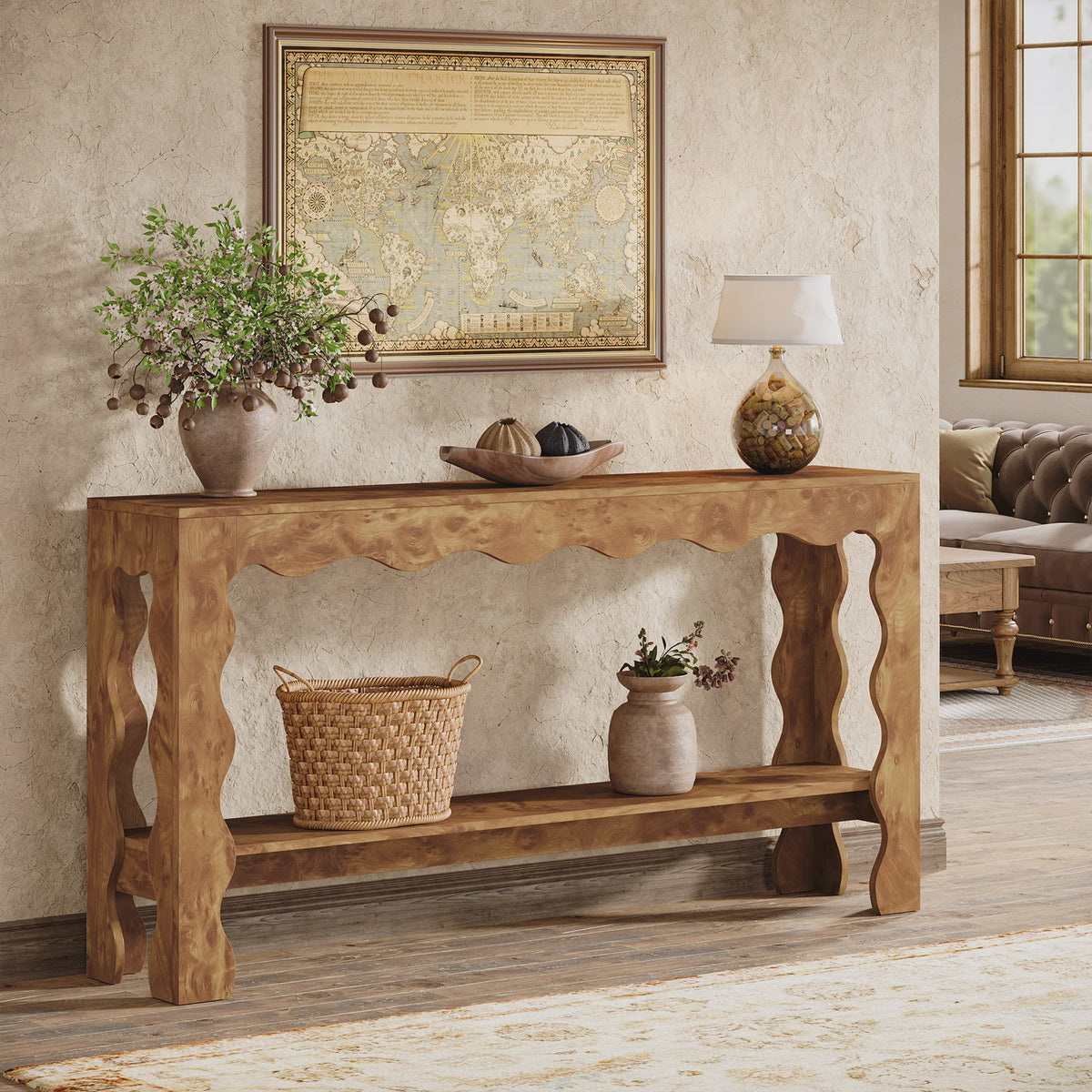 Lange Houten Console Tafel 160cm met Scalloped Rand en Opbergplank - Rustiek Modern Design