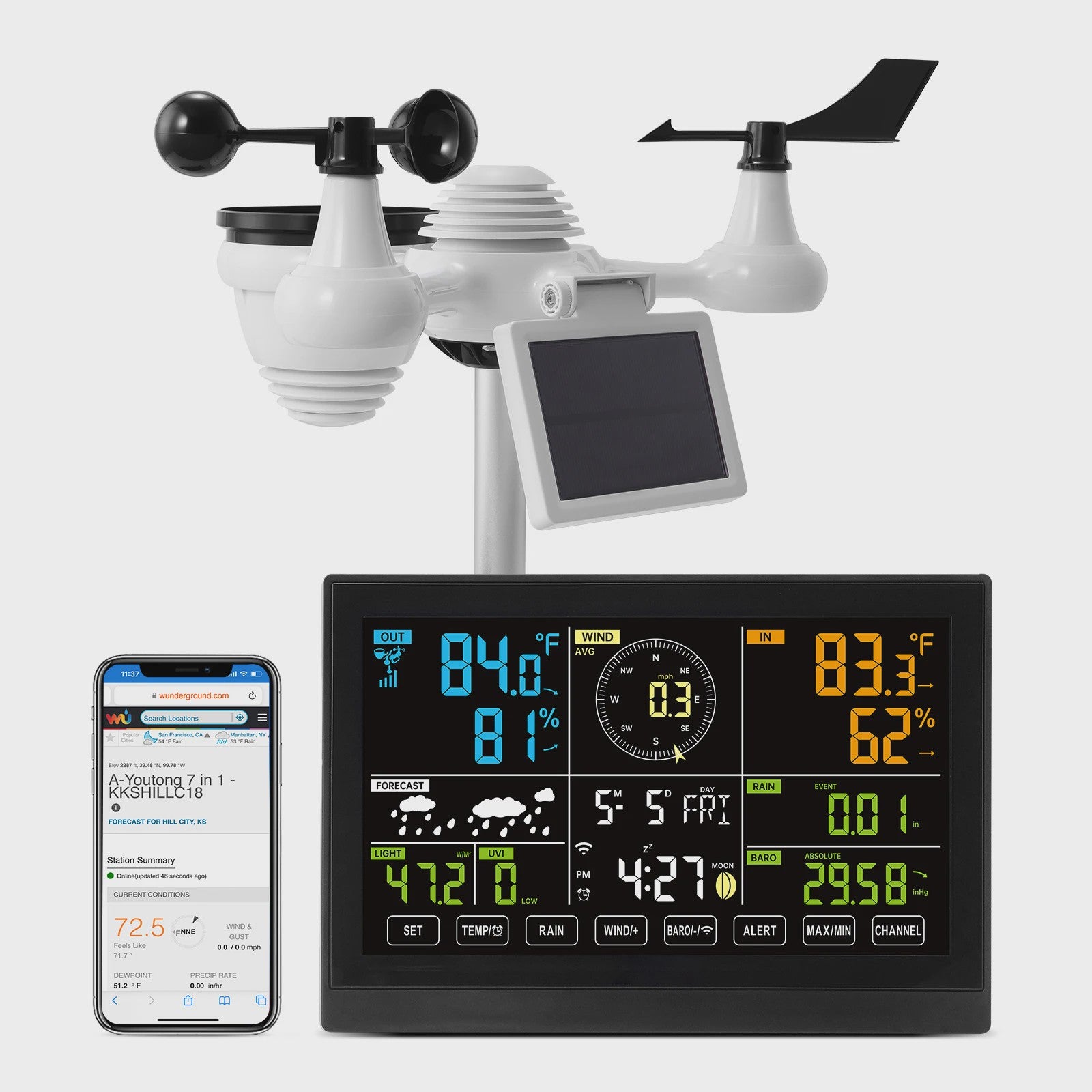 Wi-Fi Weerstation met 7-in-1 Sensor, 7.5" Kleurendisplay en Zonne-energie Outdoor Sensor met Alarmfuncties