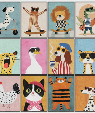 Vrolijke Dieren Canvas Posters - Leeuw, Hond, Beer & Cheetah op Skateboard - Kinderkamer Decoratie