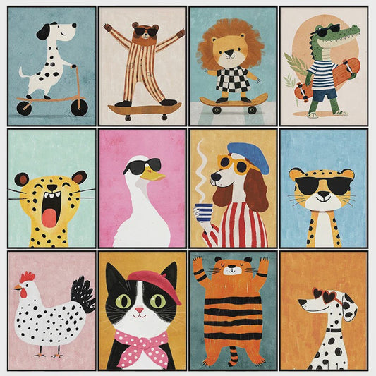Vrolijke Dieren Canvas Posters - Leeuw, Hond, Beer & Cheetah op Skateboard - Kinderkamer Decoratie