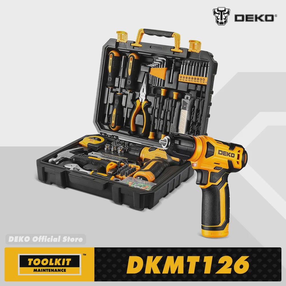 DEKO 126-delige Gereedschapskist met 8V Accuboormachine - Complete Set voor Huis, Tuin & Klussen