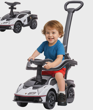 3-in-1 Kinder Loopauto met Duwstang, Stuur en Claxon - Wit