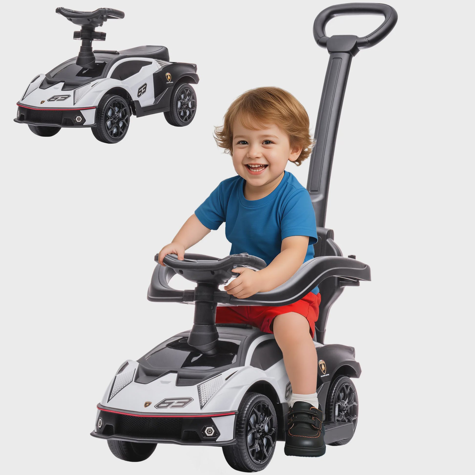 3-in-1 Kinder Loopauto met Duwstang, Stuur en Claxon - Wit
