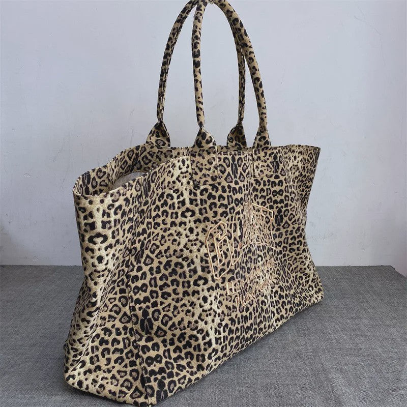 Unisex Canvas Shopper met Luipaardprint en Borduring - Stijlvolle Tote Bag voor Dagelijks Gebruik