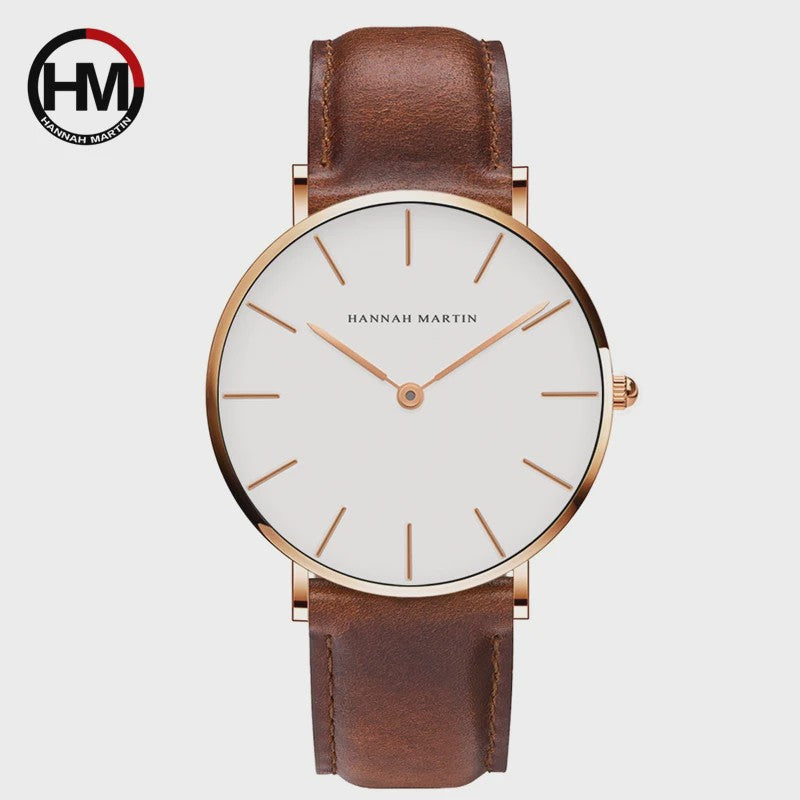 Hannah Martin Herenhorloge - Japan Quartz, Waterdicht, Bruin Leer & Zilverkleurig
