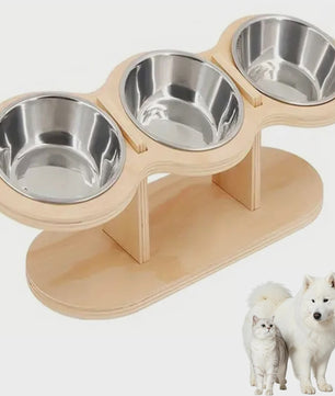 Verhoogde Bamboe Voerbak voor Hond en Kat - 3 Bakken, Ergonomisch Ontwerp