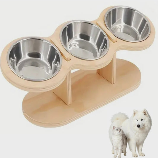 Verhoogde Bamboe Voerbak voor Hond en Kat - 3 Bakken, Ergonomisch Ontwerp