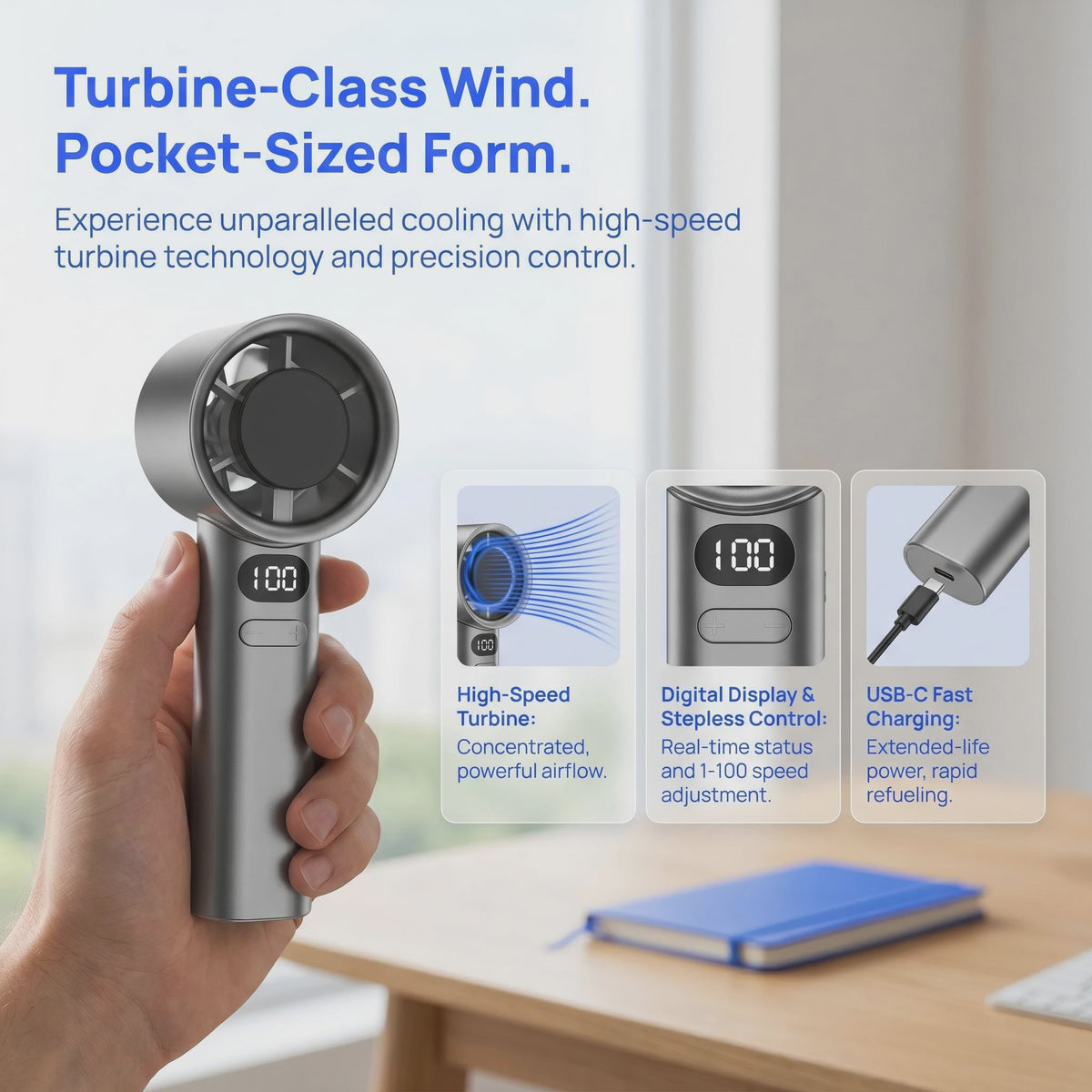 Bladeless Handheld Ventilator met 100 Snelheden & USB Opladen