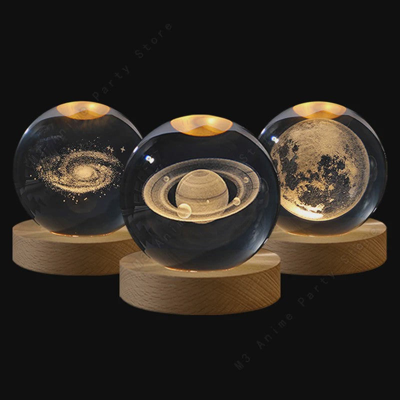 Uniek 3D Kristallen Bol Nachtlampje met LED - Galaxy, Saturnus & Maan Designs - Sfeervolle Decoratie