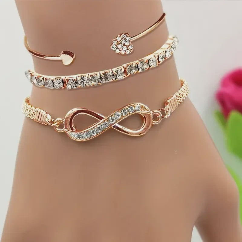 Set van 3 Vintage Kristallen Armbanden voor Dames - Hart, Oneindigheid & Geometrisch Design