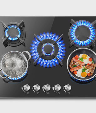Inbouw Gaskookplaat 70cm met 5 Branders, Glas, Automatische Vlambeveiliging