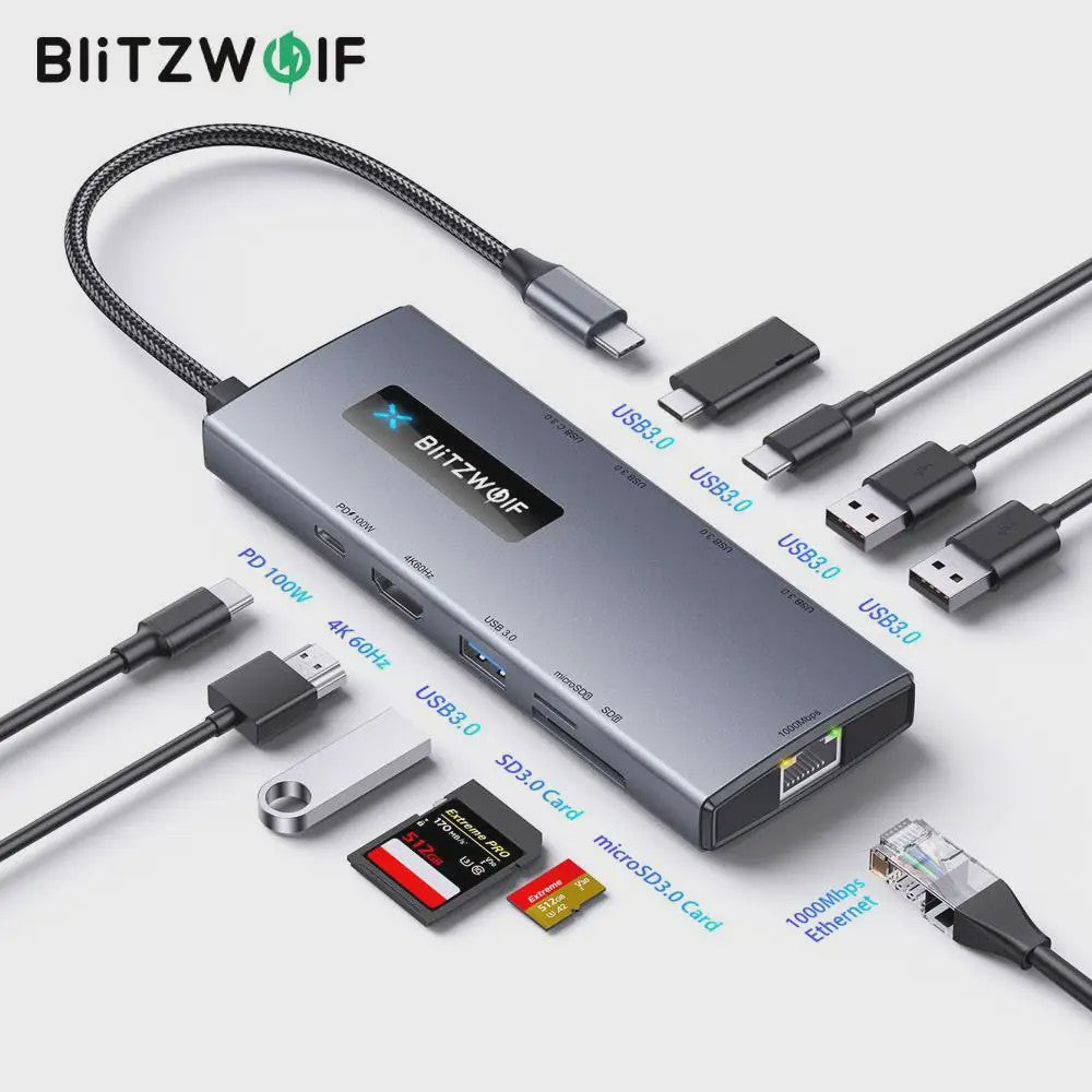 BlitzWolf BW-NEW TH8 10-in-1 USB-C Hub: 4K 60Hz, PD 100W, Gigabit Ethernet, SD/TF & USB 3.0