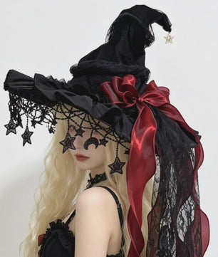 Luxe Heksenhoed van Kant en Fluweel met Maan & Sterren - Perfect voor Halloween & Cosplay