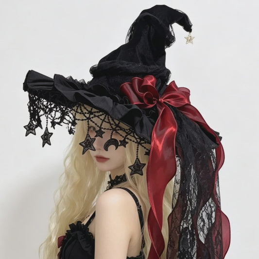 Luxe Heksenhoed van Kant en Fluweel met Maan & Sterren - Perfect voor Halloween & Cosplay