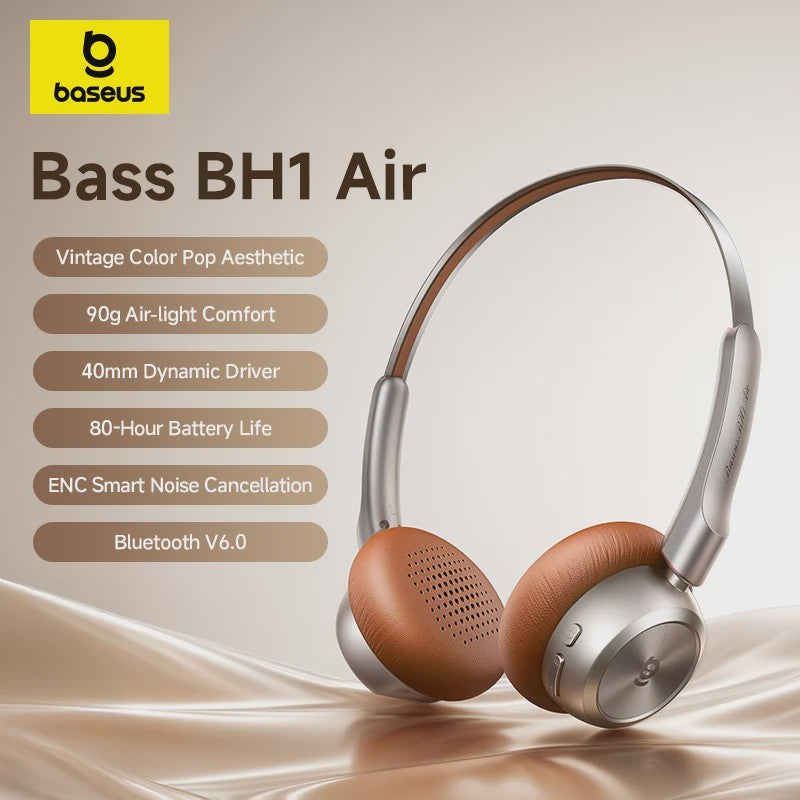 Baseus BH1 Air Draadloze Koptelefoon - Lichtgewicht (90g), 80 uur batterij, Bluetooth 6.0, ENC Noise Cancellation