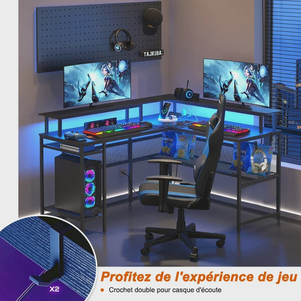 L-vormige Gaming Bureau 136x75cm met LED Verlichting en USB Poort - Ideaal voor Gamers en Werk