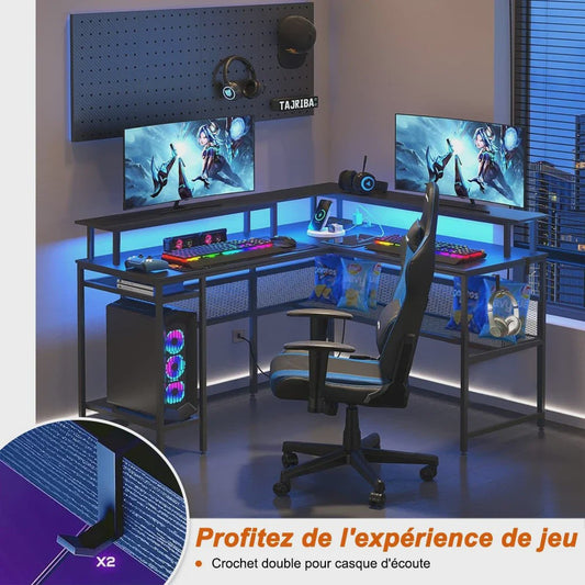 L-vormige Gaming Bureau 136x75cm met LED Verlichting en USB Poort - Ideaal voor Gamers en Werk