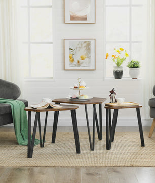 Set van 3 bijzettafels met metalen poten, rustiek design