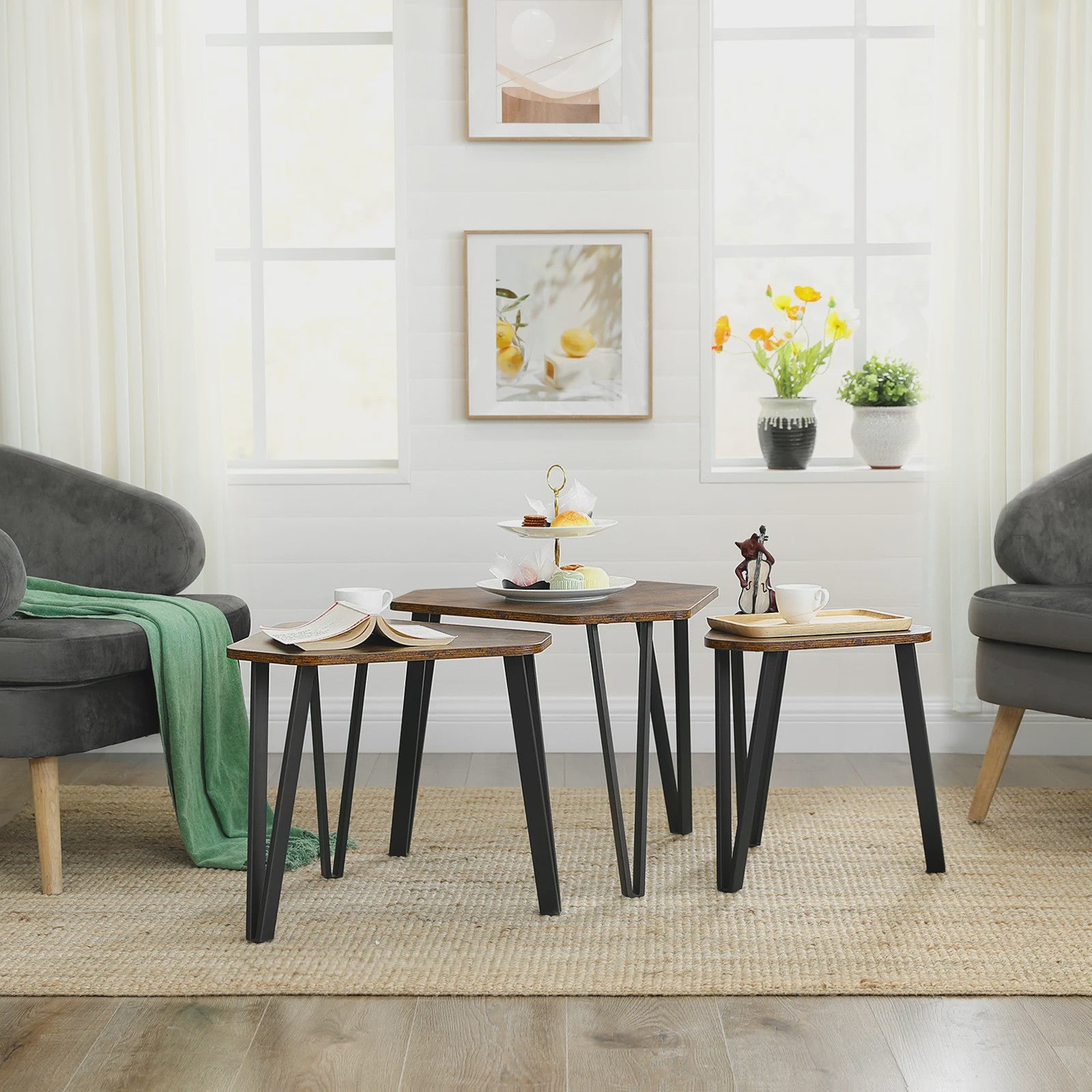 Set van 3 bijzettafels met metalen poten, rustiek design