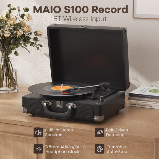 Maio S100 Vintage Platenspeler - Belt-Driven, 3 Snelheden, Ingebouwde Stereo Speakers