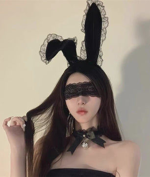 Luxe Bunny Oor Hoofdband met Kant en Bijpassend Oogmasker - Sexy Accessoire