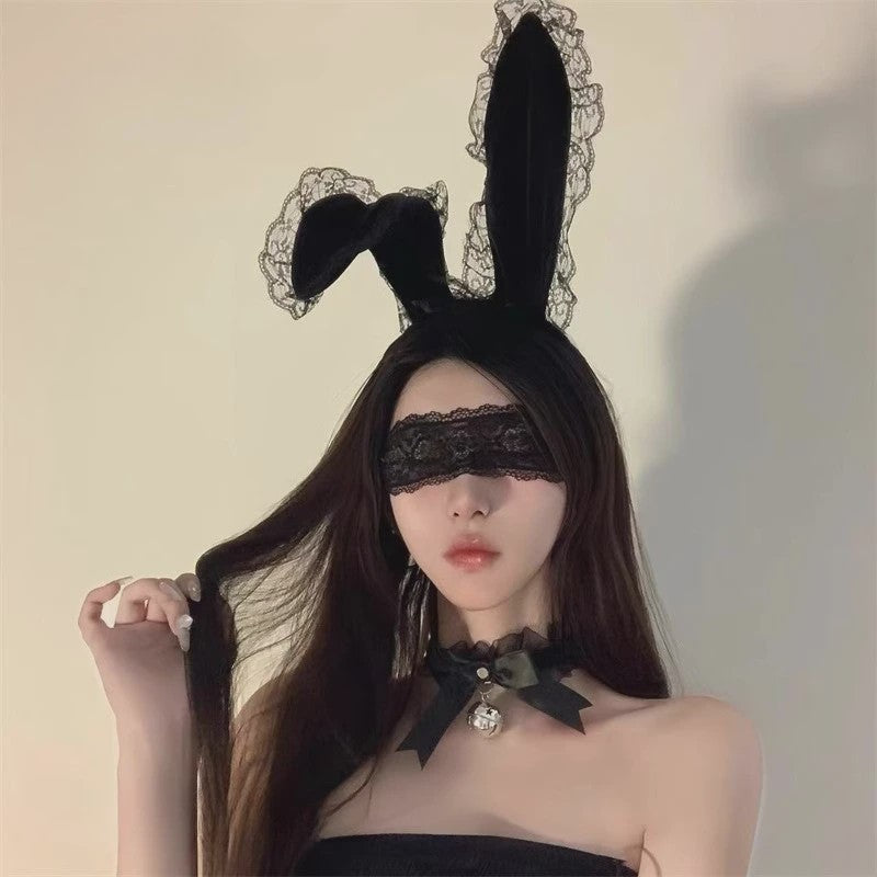 Luxe Bunny Oor Hoofdband met Kant en Bijpassend Oogmasker - Sexy Accessoire