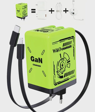 W&O GaN Snellader met 80cm Intrekbare Kabel: Dubbele Poort voor Lightning & Type-C