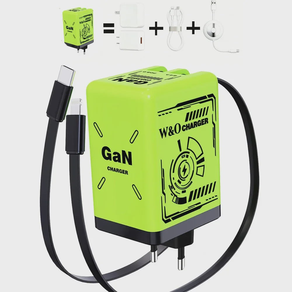 W&O GaN Snellader met 80cm Intrekbare Kabel: Dubbele Poort voor Lightning & Type-C