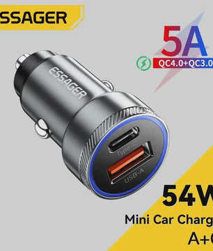 Essager 54W Snellader Auto | PD 3.0 & QC 3.0 | USB-C & USB-A | Snel Opladen Telefoon