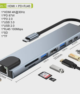 8-in-1 USB-C Hub met 4K HDMI, RJ45, SD/TF Kaartlezer & PD Snelladen