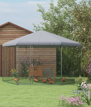 Grote Stalen Kippenhok Buiten met Dak - 400x346x263cm - Grijs - Ruim voor 10-15 Kippen & Kleine Dieren