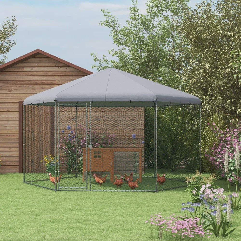 Grote Stalen Kippenhok Buiten met Dak - 400x346x263cm - Grijs - Ruim voor 10-15 Kippen & Kleine Dieren