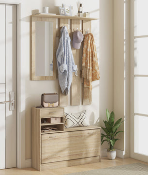 HOMCOM 3-in-1 Entree Meubelset: Kapstok, Spiegel & Schoenbank met 6 Haken en Verstelbare Plank - Natuurlijk Houtdecor