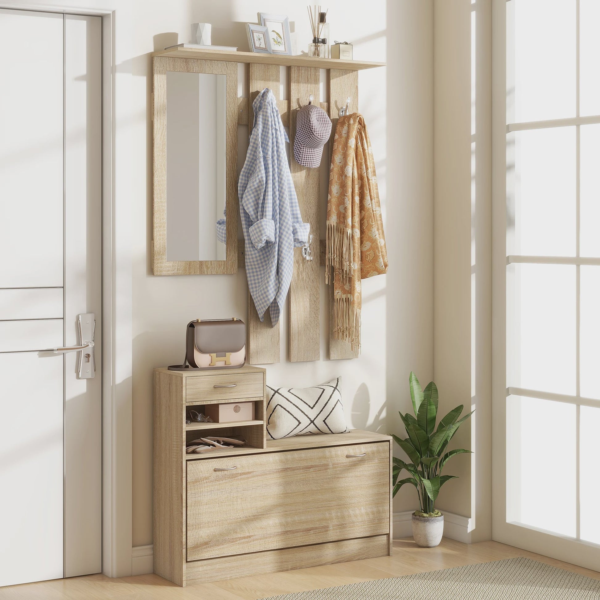 HOMCOM 3-in-1 Entree Meubelset: Kapstok, Spiegel & Schoenbank met 6 Haken en Verstelbare Plank - Natuurlijk Houtdecor