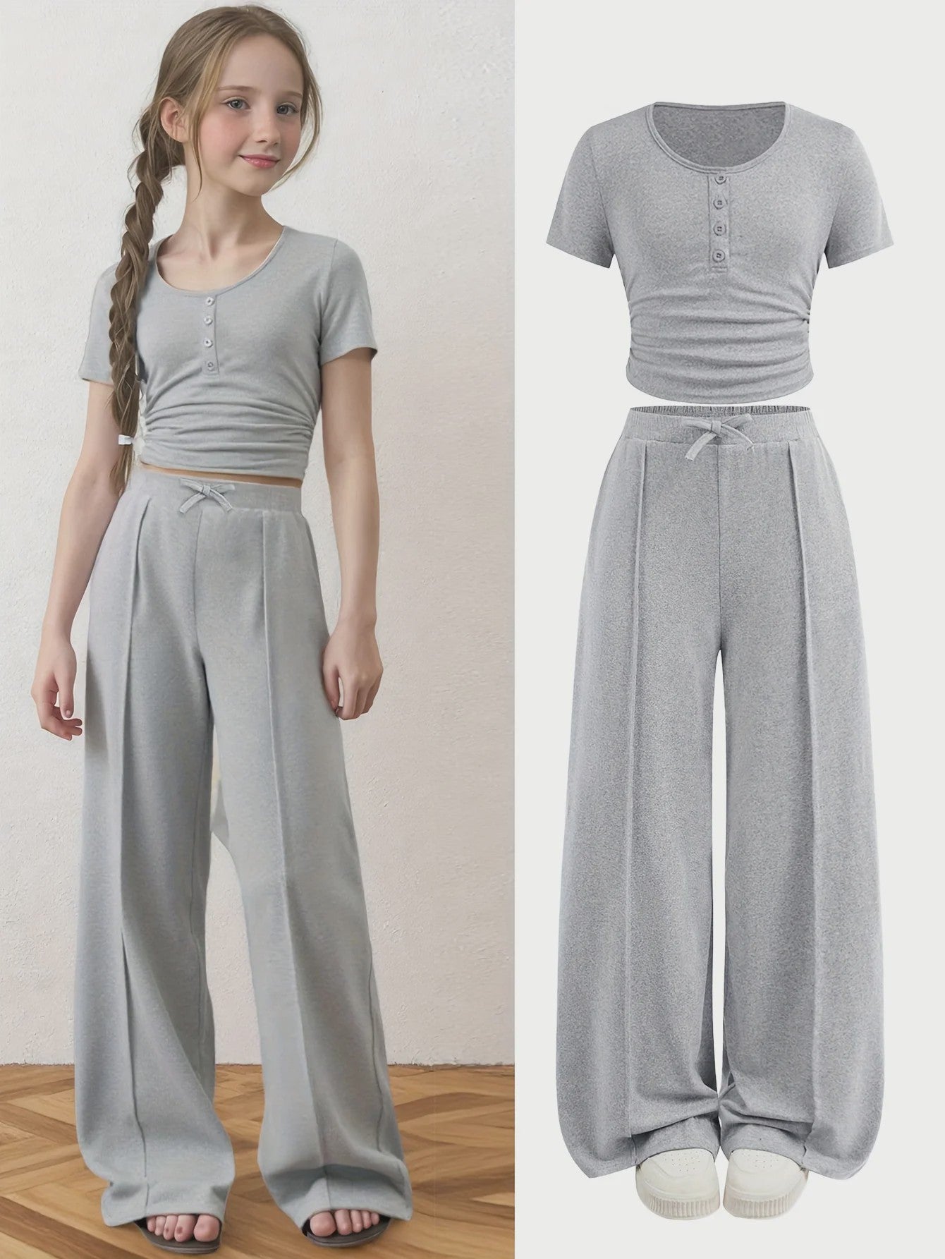Casual Zomer Set voor Meisjes: T-shirt met Knopen & Wijde Broek - Grijs (5-13 jaar)