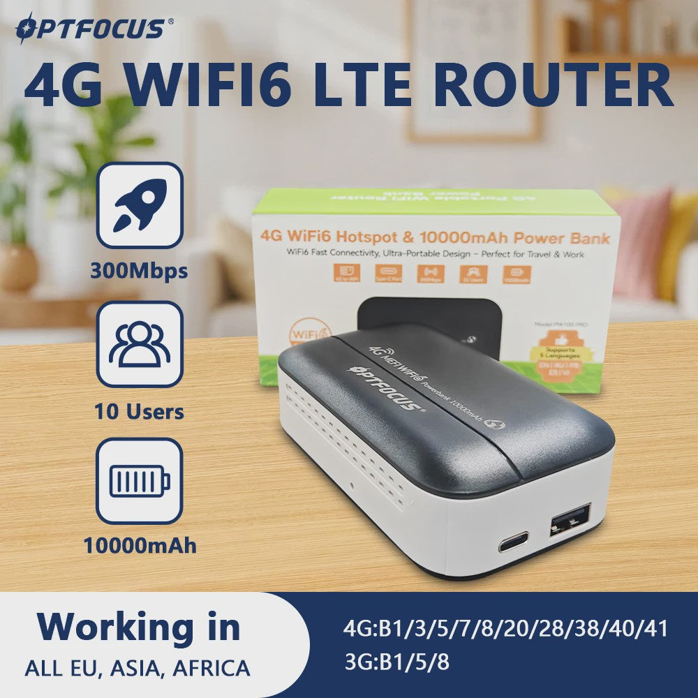 OPTFOCUS 4G WiFi6 Pocket Router 10000mAh Powerbank | Draagbare MIFI Hotspot