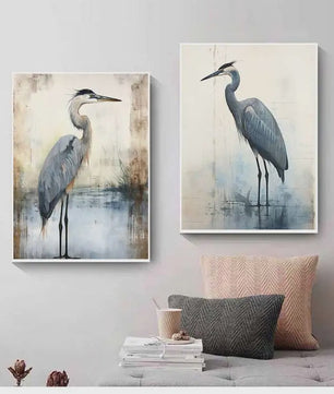 Minimalistische Blauwe Reiger Aquarel Poster - Stijlvolle Wanddecoratie