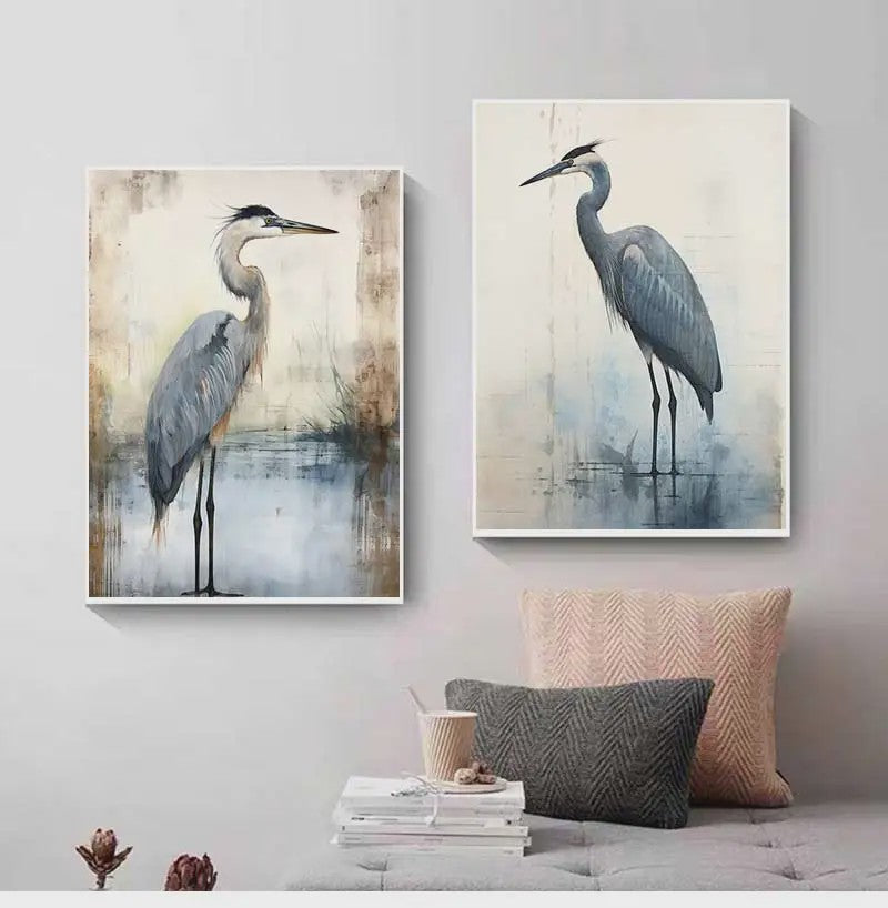 Minimalistische Blauwe Reiger Aquarel Poster - Stijlvolle Wanddecoratie