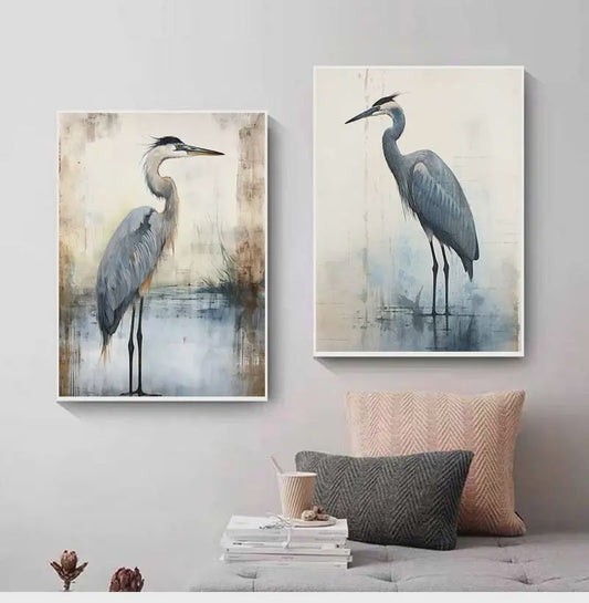 Minimalistische Blauwe Reiger Aquarel Poster - Stijlvolle Wanddecoratie